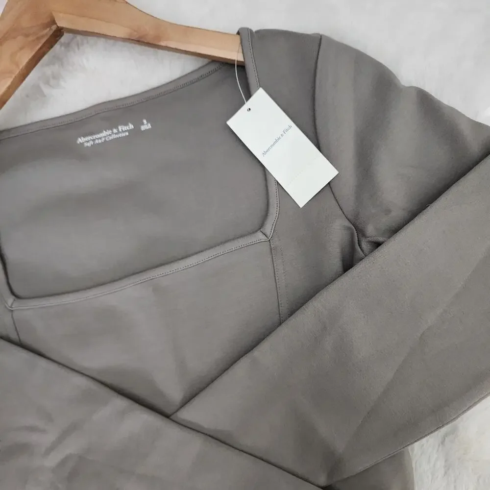 Abercrombie & Fitch Square Neck Long Sleeve Bodysuit NWT Taupe Gray Small